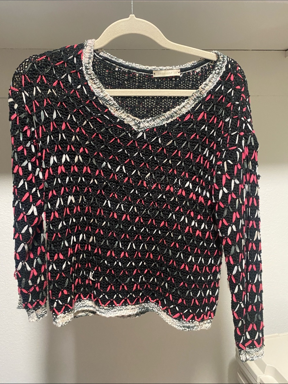 Vintage Black Knit V-Neck Sweater with Pink & White Accents made in Italy 🇮🇹
